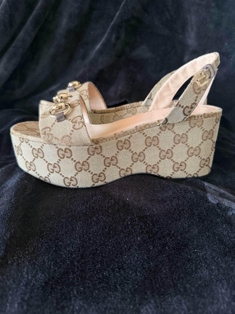 Gucci Beige GG Canvas Platform Slingback Sandals with Gold Hardware